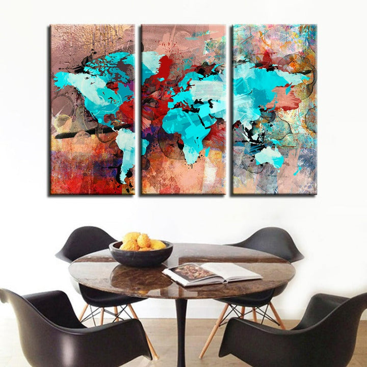 Beautiful Abstract Sea Blue & Red World Map-Canvas Wall Art Painting 3 Pieces | Bowlift