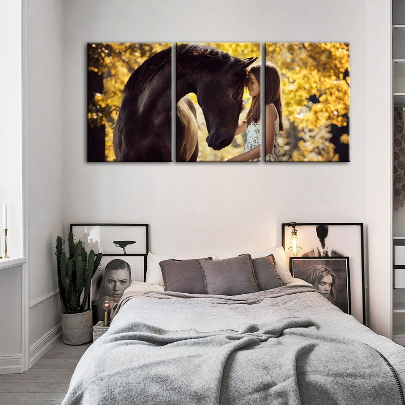 Friendship Between a Girl and Horse-Canvas Wall Art Painting 3 Pieces | Bowlift