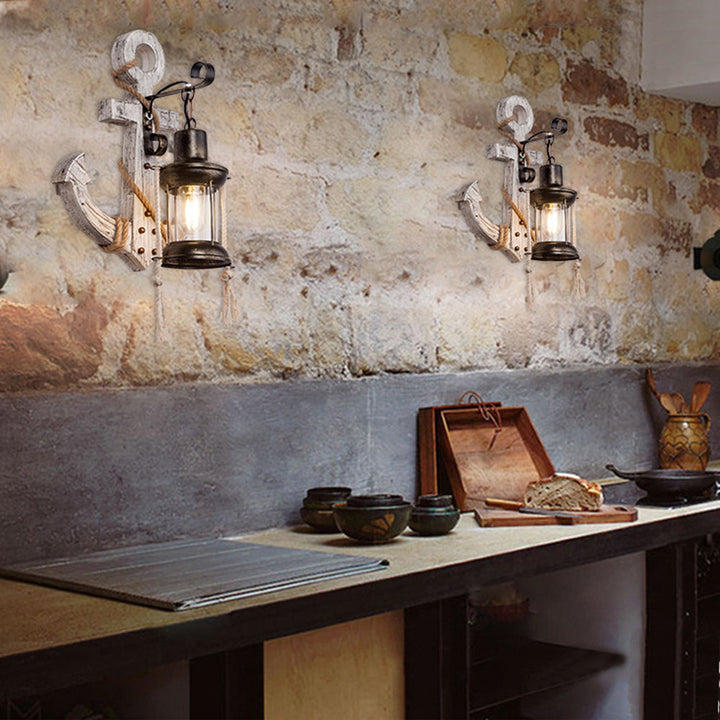 Rustic wood anchor wall lamp with lantern Bowlift
