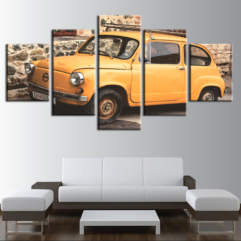 5 Piece Yellow Classic Vintage Car - Canvas Wall Art Painting | Bowlift