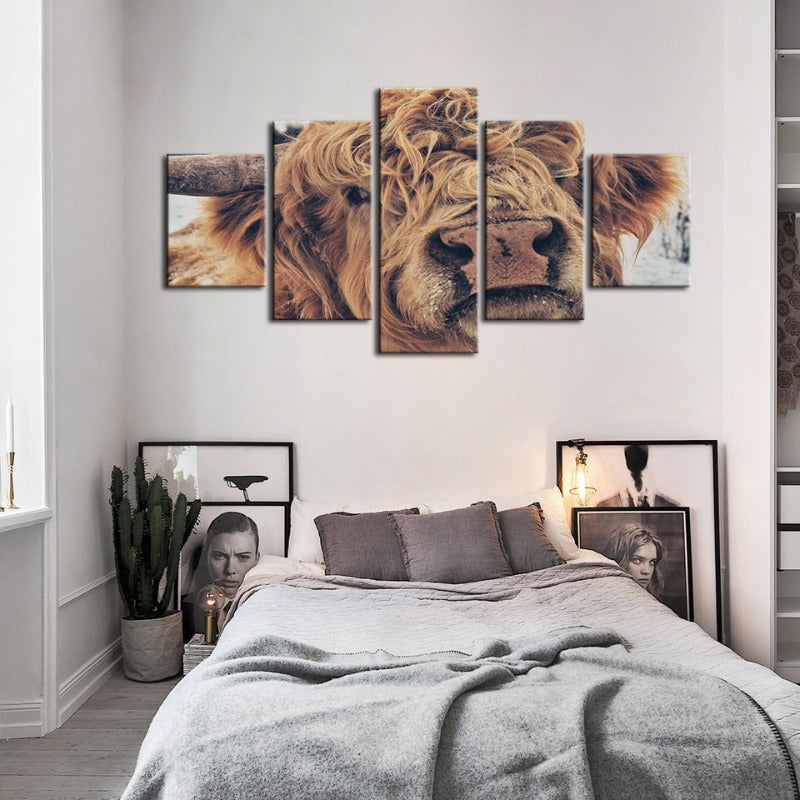 5 Piece Close Up Brown Cow - Canvas Wall Art Painting | Bowlift