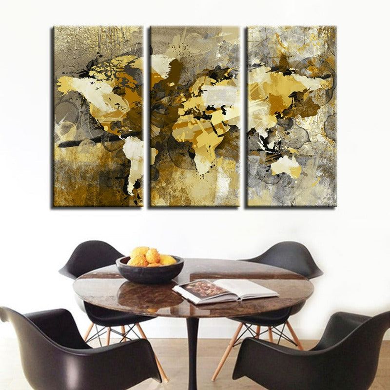 Beautiful Abstract Yellow Brown World Map-Canvas Wall Art Painting 3 Pieces | Bowlift