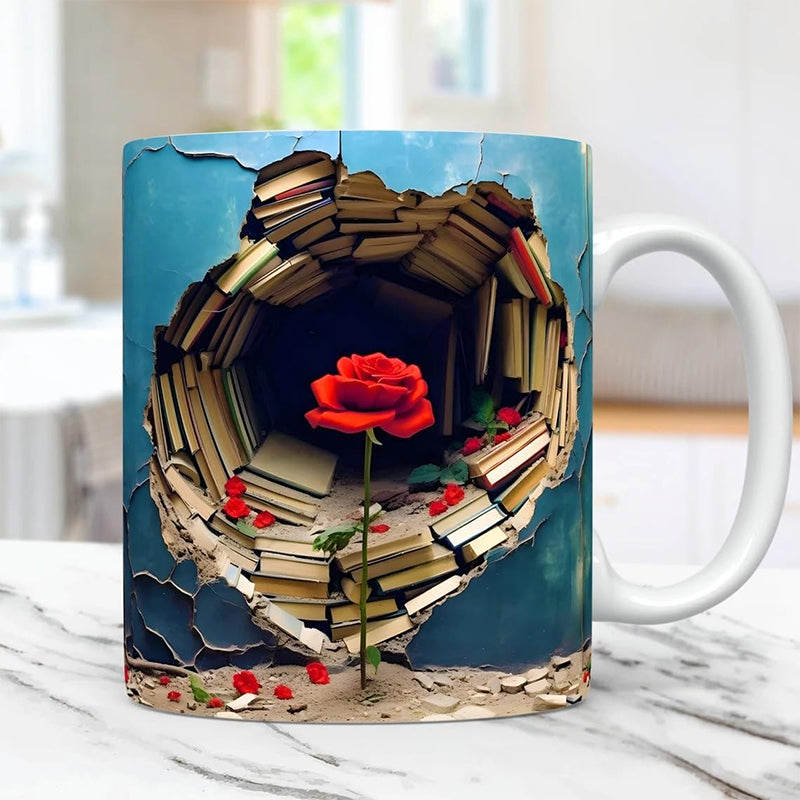 3D Floral Bookshelf Cracked Hole Coffee Mug | Bowlift