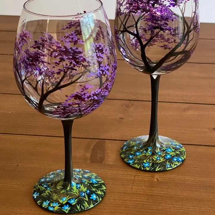 Four Seasons Tree Wine Glasses - Hand Painted Art | Bowlift