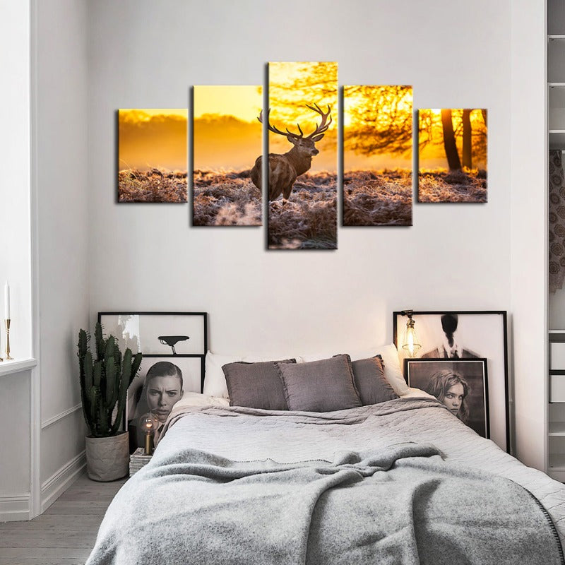5 Piece Winter Deer at Dawn - Canvas Wall Art Painting | Bowlift