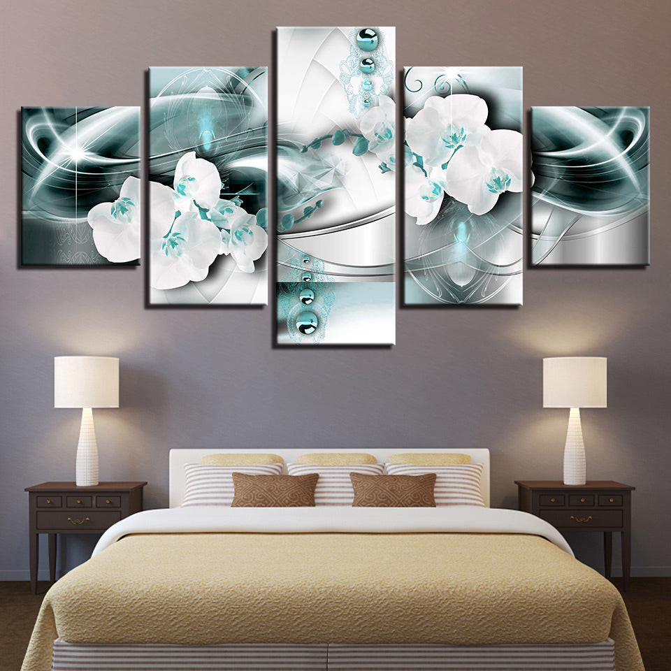 Viridian Green And White Orchids 5 Piece - Canvas Wall Art Painting | Bowlift