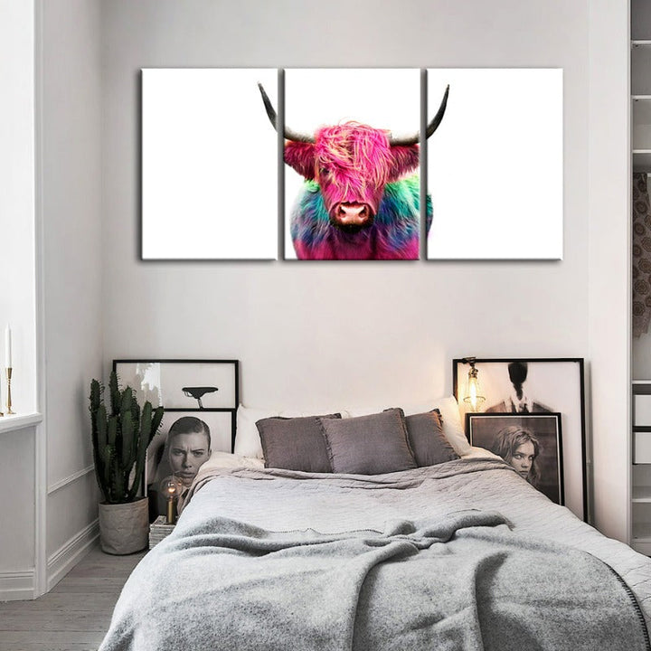 Colorful Pink Cow-Canvas Wall Art Painting 3 Pieces | Bowlift