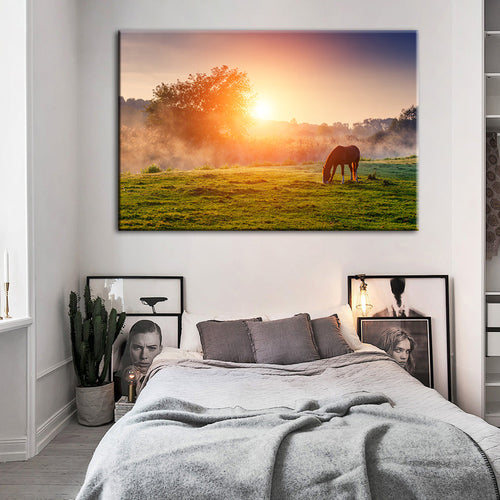 Sunrise Grazing Horse - Canvas Wall Art Painting | Bowlift