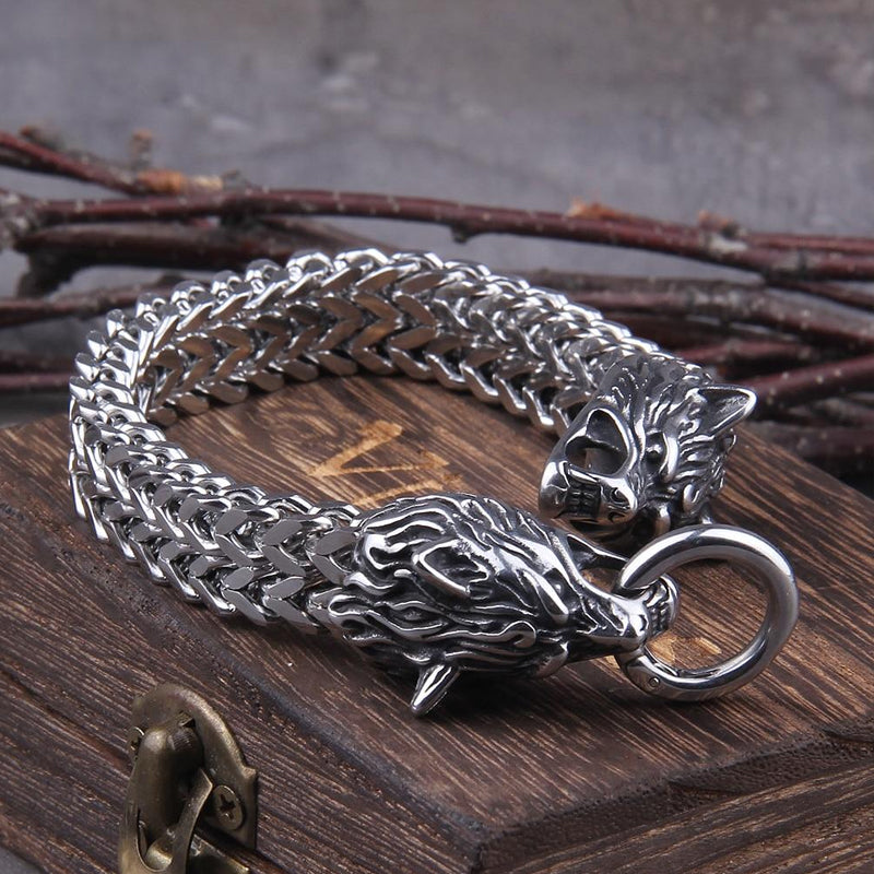 BowLift | Viking Stainless Steel Double Wolf Head Fenrir Bracelet