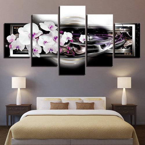 5 Piece Black Background Purple Hue White Flower - Canvas Wall Art Painting | Bowlift