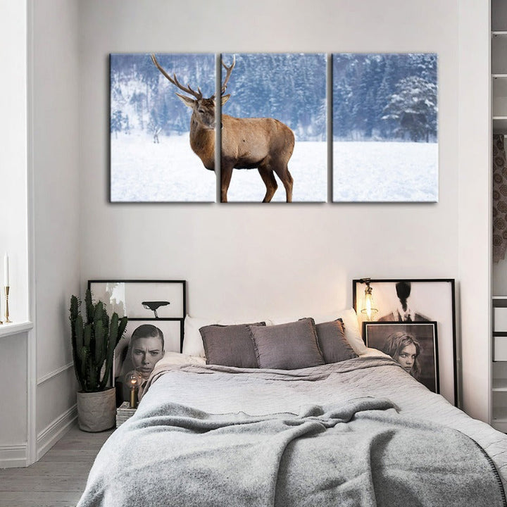Snowy Landscape Deer-Canvas Wall Art Painting 3 Pieces | Bowlift