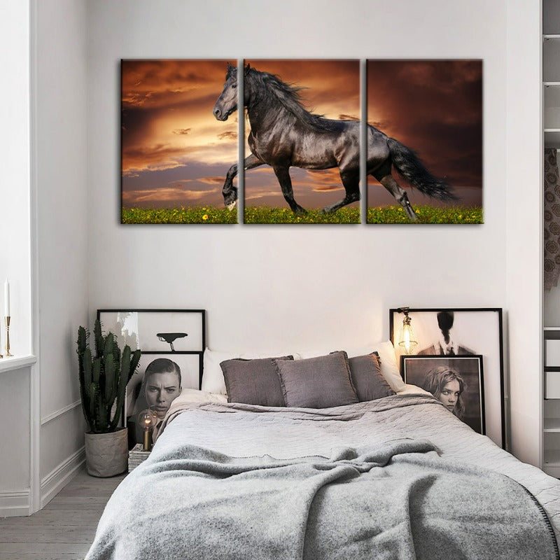 Running Black Horse-Canvas Wall Art Painting 3 Pieces | Bowlift