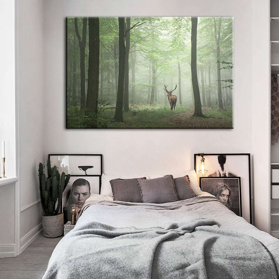 Misty Mystical Deer In The Woods - Canvas Wall Art Painting | Bowlift