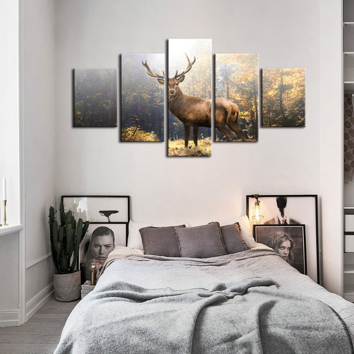 5 Piece Majestic Deer In The Woods - Canvas Wall Art Painting | Bowlift