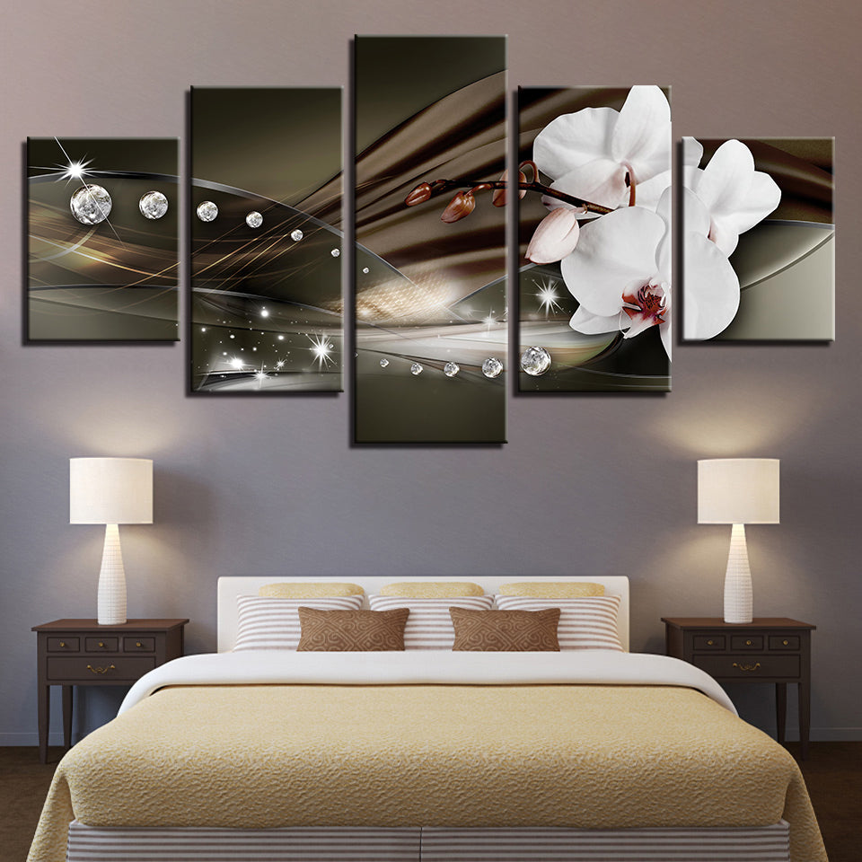 White Orchids And Brilliant Crystals 5 Piece - Canvas Wall Art Painting | Bowlift