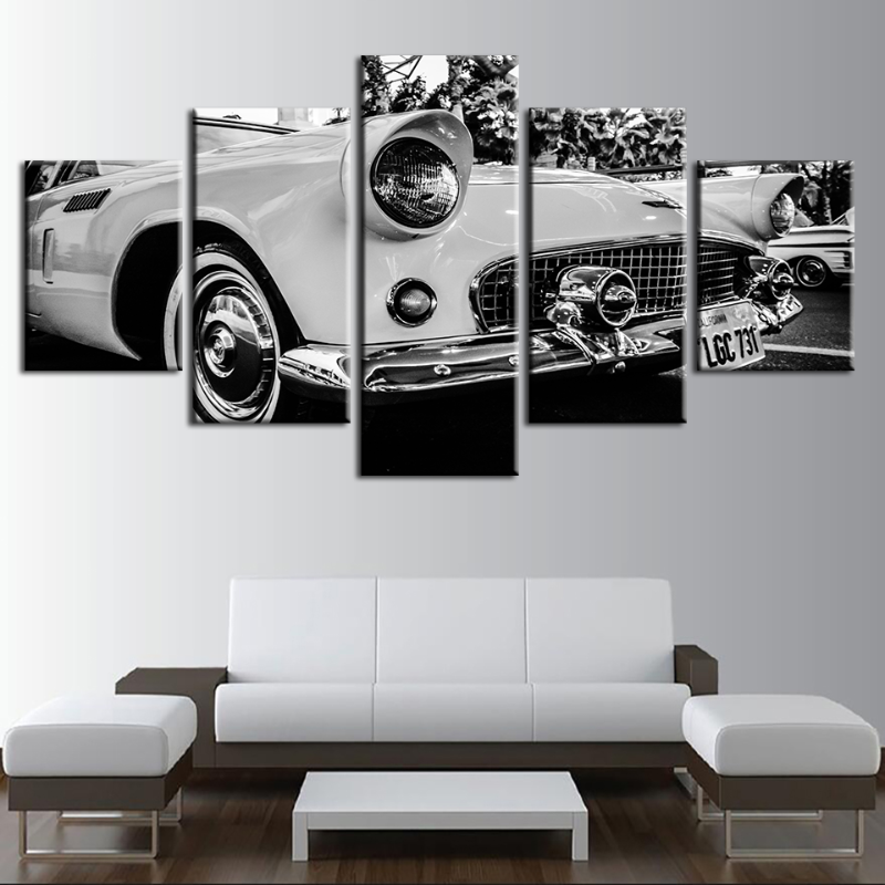5 Piece White Vintage Classic Car - Canvas Wall Art Painting | Bowlift