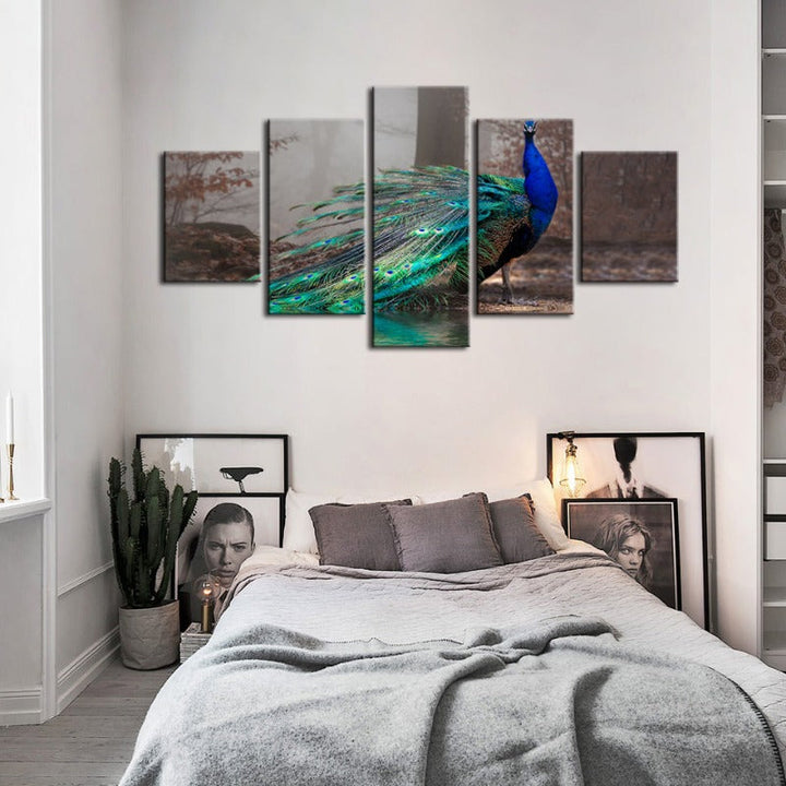 5 Piece Vivid Peacock by the Pond - Canvas Wall Art Painting | Bowlift