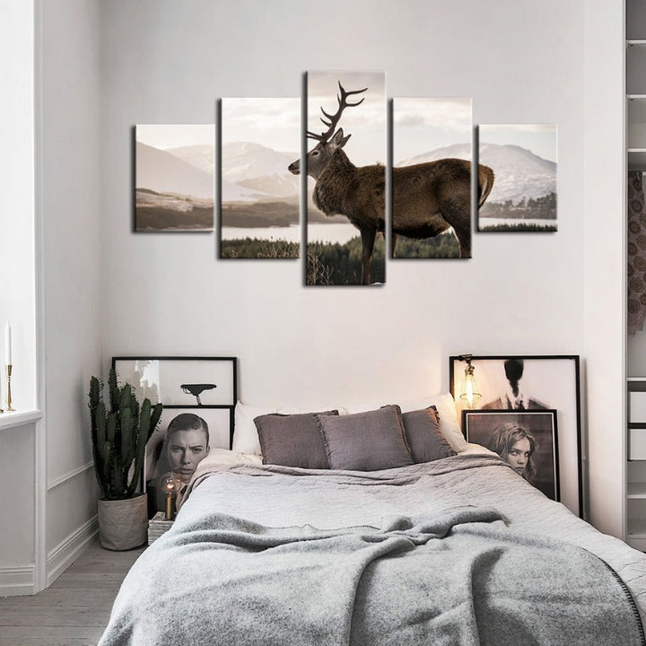 5 Piece Somber Winter Deer - Canvas Wall Art Painting | Bowlift