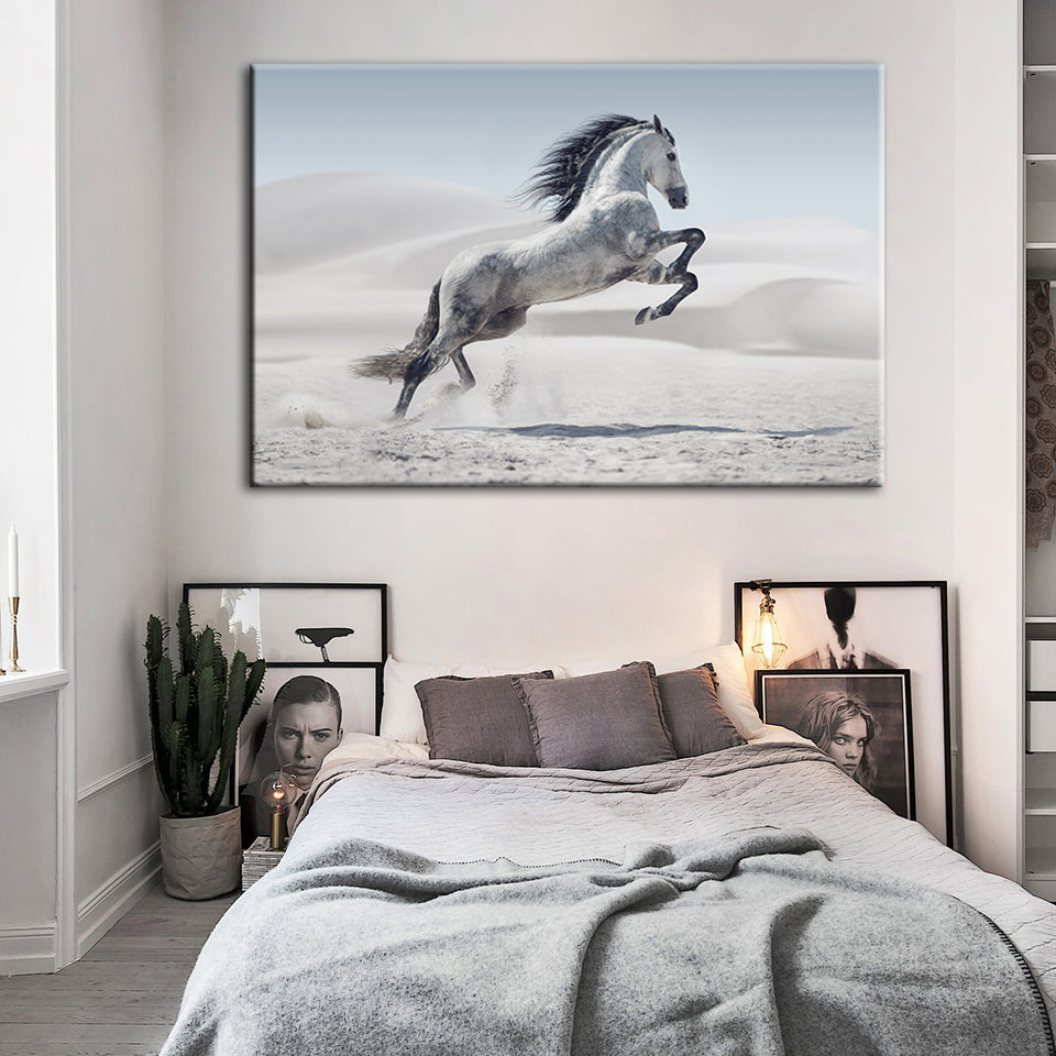 Jumping White Horse - Canvas Wall Art Painting | Bowlift