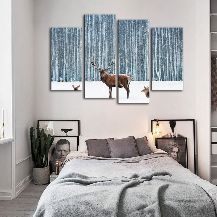 4 Piece Two Does and a Deer in Winter - Canvas Wall Art Painting | Bowlift