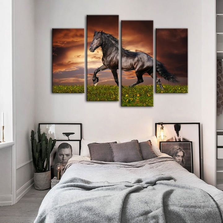 4 Piece Running Black Horse - Canvas Wall Art Painting | Bowlift