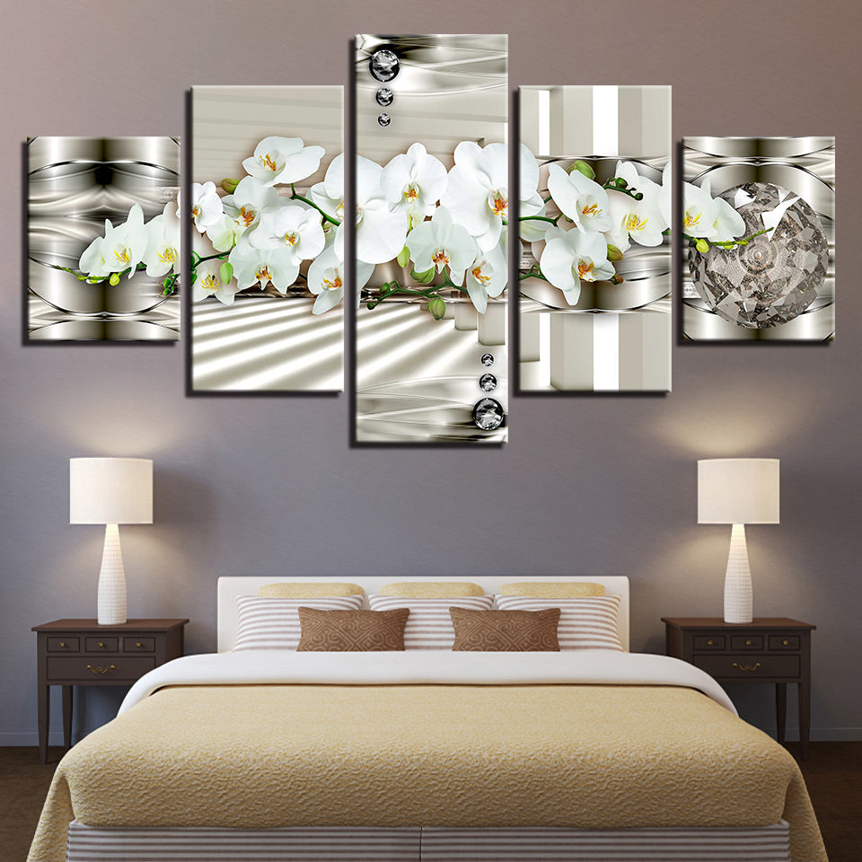 5 Piece White Metallic Background Flower - Canvas Wall Art Painting | Bowlift
