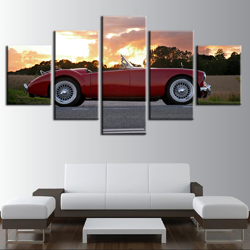 5 Pieces Sunrise - Classic Red Vintage Car - Canvas Wall Art Painting | Bowlift