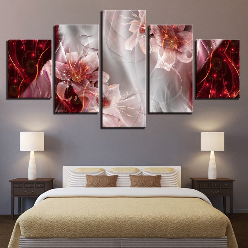 5 Piece Red White Ombre Background Pink Flower - Canvas Wall Art Painting | Bowlift
