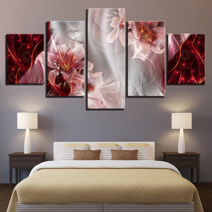 5 Piece Red White Ombre Background Pink Flower - Canvas Wall Art Painting | Bowlift