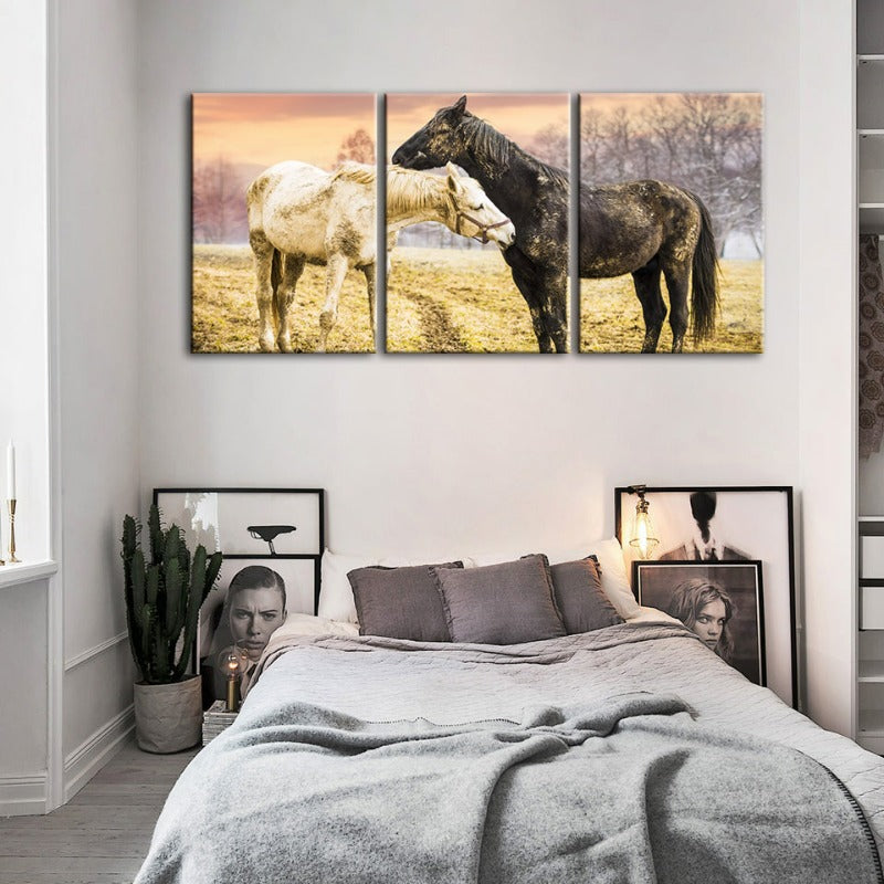 Black & White Horses-Canvas Wall Art Painting 3 Pieces | Bowlift