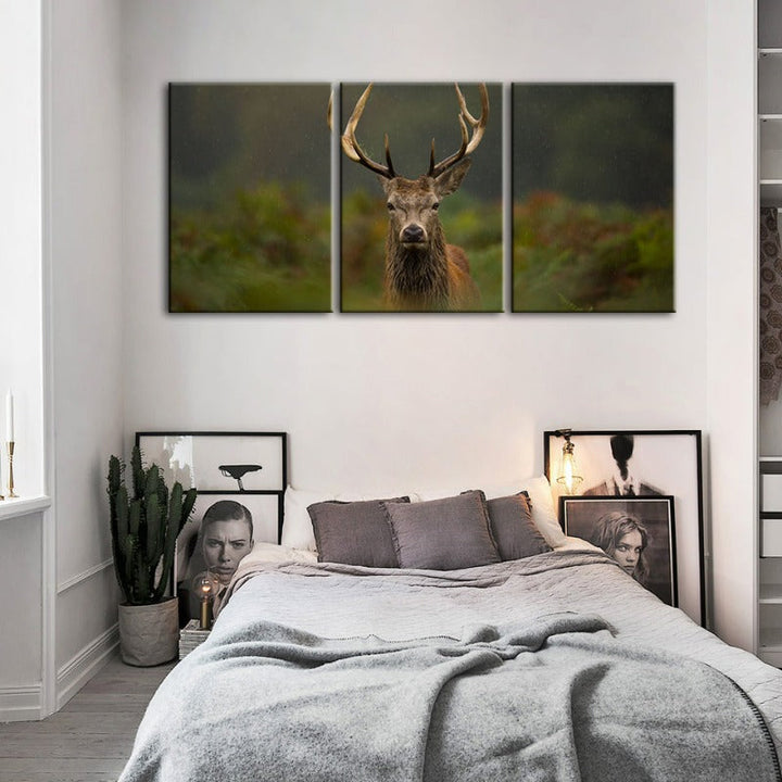 Curios Deer Amongst Ferns-Canvas Wall Art Painting 3 Pieces | Bowlift