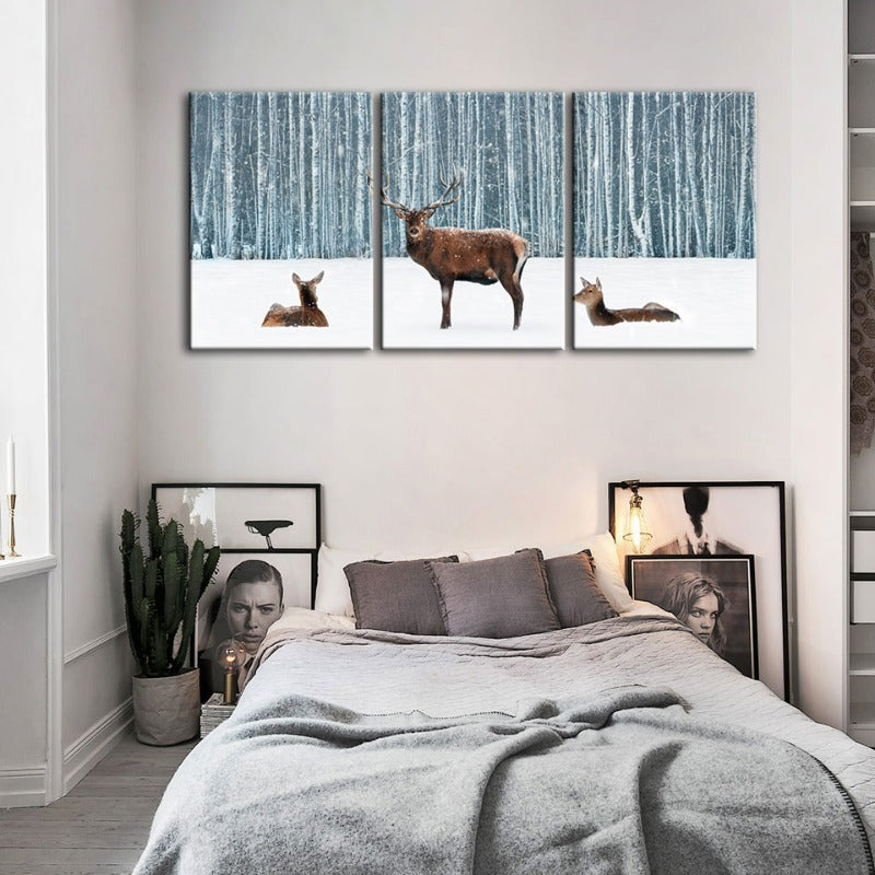 Two Does And A Deer In Winter-Canvas Wall Art Painting 3 Pieces | Bowlift
