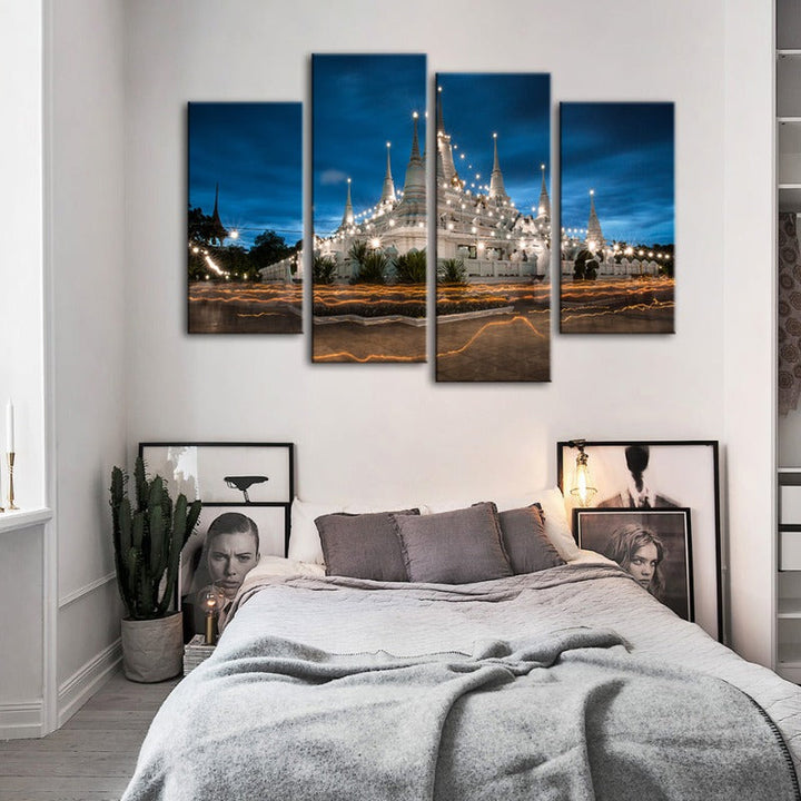 4 Piece Beautiful Temple Night Time - Canvas Wall Art Painting | Bowlift