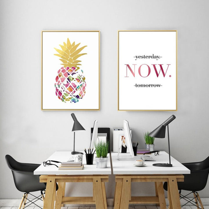 Modern Yellow Gold Pineapple Today Quotes - Canvas Wall Art Painting | Bowlift