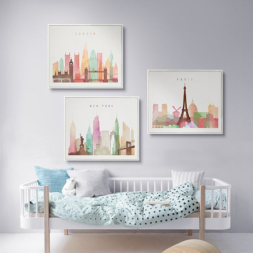 Watercolor London New York Paris City - Canvas Wall Art Painting | Bowlift