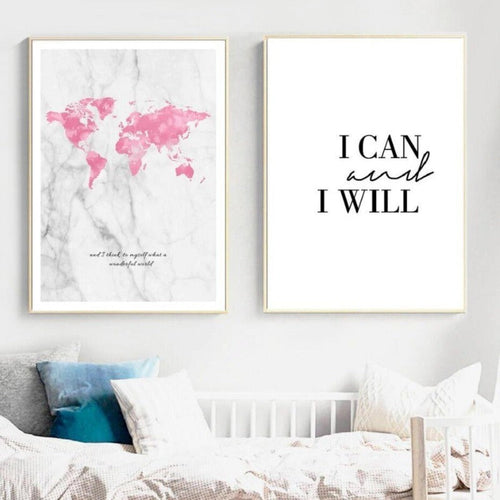 World Map I Can and I Will - Canvas Wall Art Painting | Bowlift