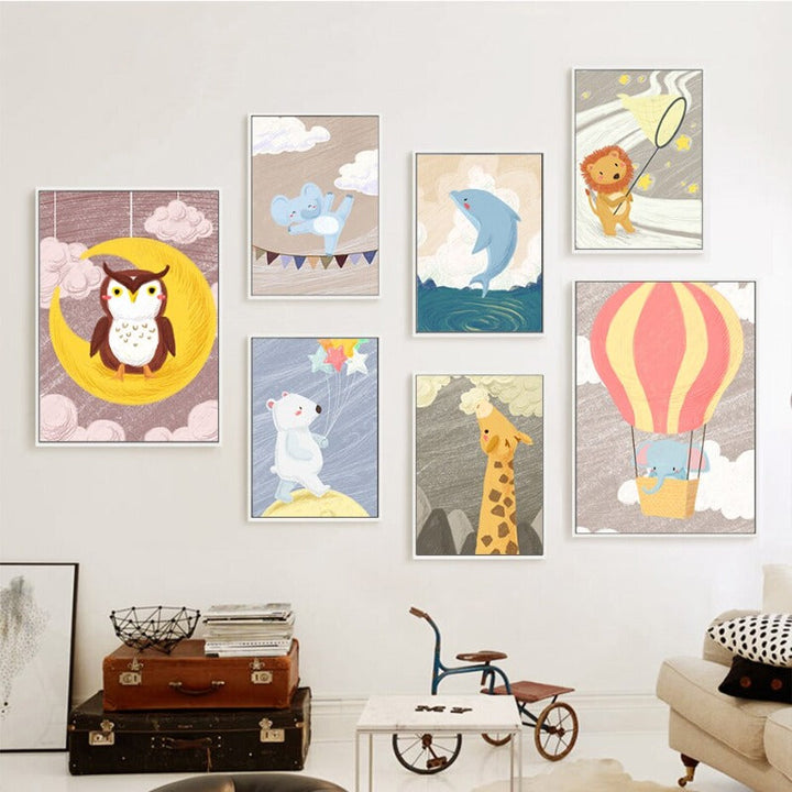 Cartoon Animals Nursery - Canvas Wall Art Painting | Bowlift