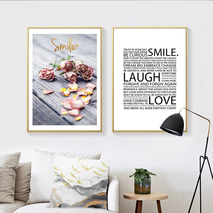 Romantic Flowers Smile Laugh Love Quote - Canvas Wall Art Painting | Bowlift