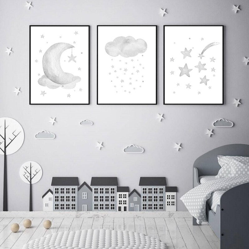 Grey Moon Stars Cloud Nursery - Canvas Wall Art Painting | Bowlift
