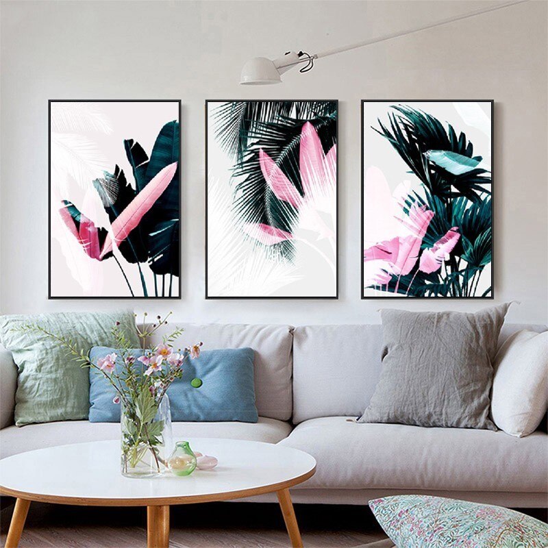 Modern Tropical Leaves Dark Green Nordic - Canvas Wall Art Painting | Bowlift