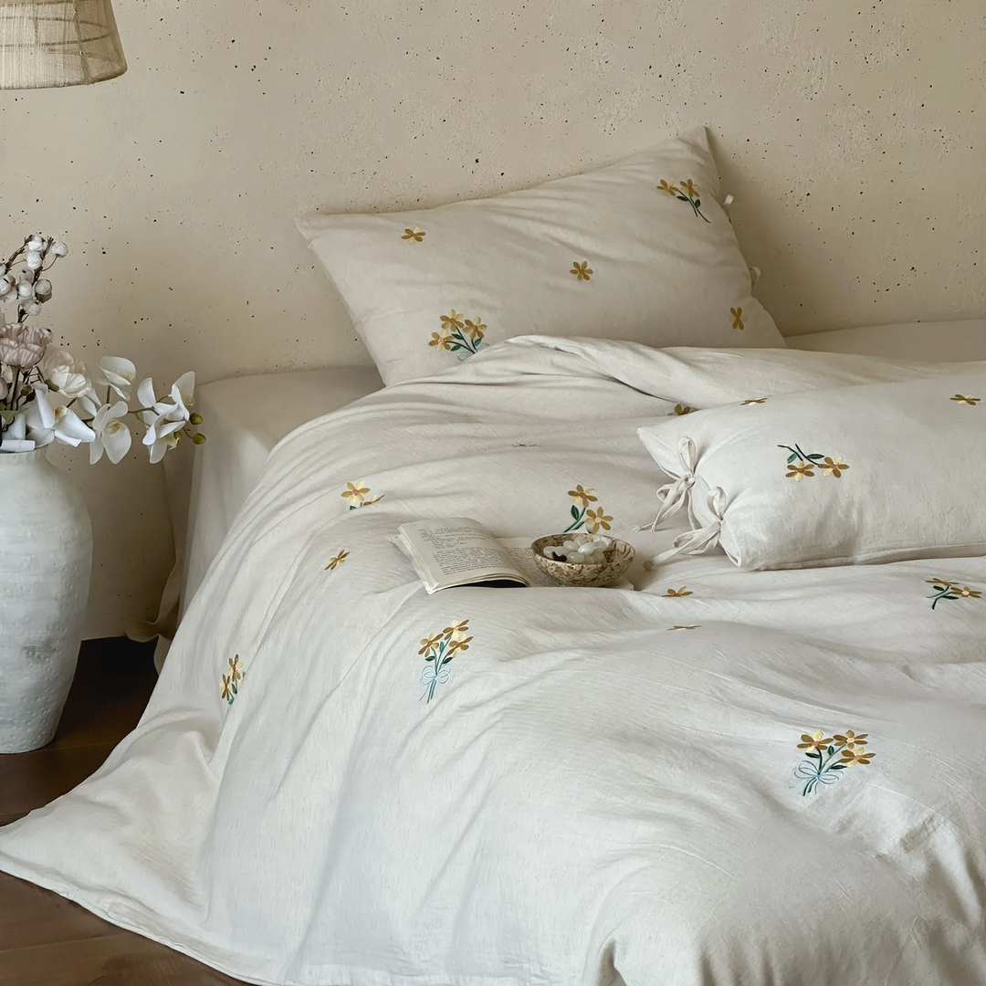 Bedding set, linen-cotton mix, embroidered