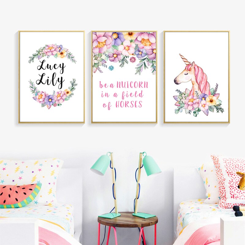 Modern Pink Cartoon Nursery Decor Customized Name - Canvas Wall Art Painting | Bowlift