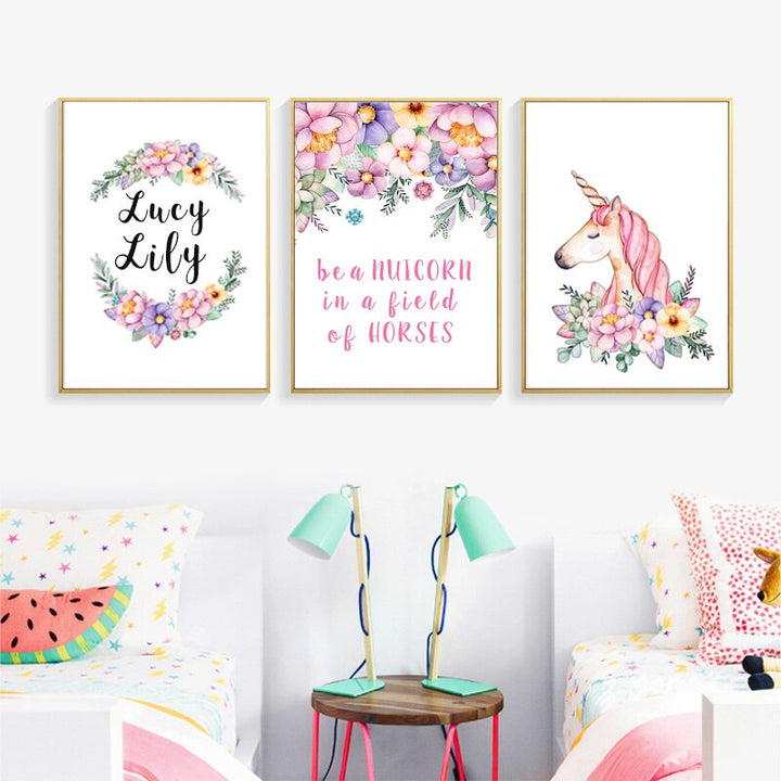 Modern Pink Cartoon Nursery Decor Customized Name - Canvas Wall Art Painting | Bowlift