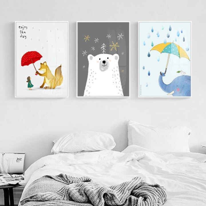 Cartoon Animals Bear Fox - Canvas Wall Art Painting | Bowlift