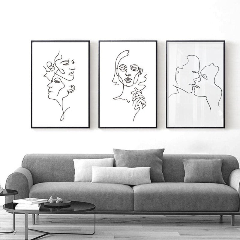 Abstract Love Kiss Black and White Line Poster - Canvas Wall Art Painting | Bowlift