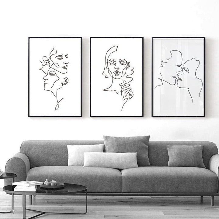 Abstract Love Kiss Black and White Line Poster - Canvas Wall Art Painting | Bowlift