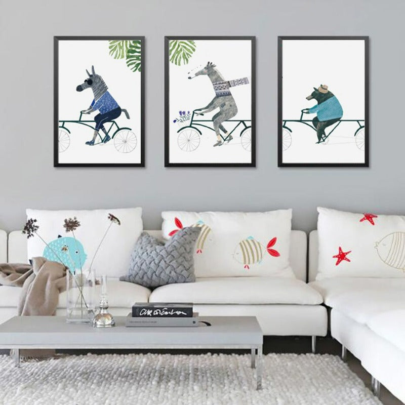 Nordic Animals Bear Zebra Riding Bike - Canvas Wall Art Painting | Bowlift