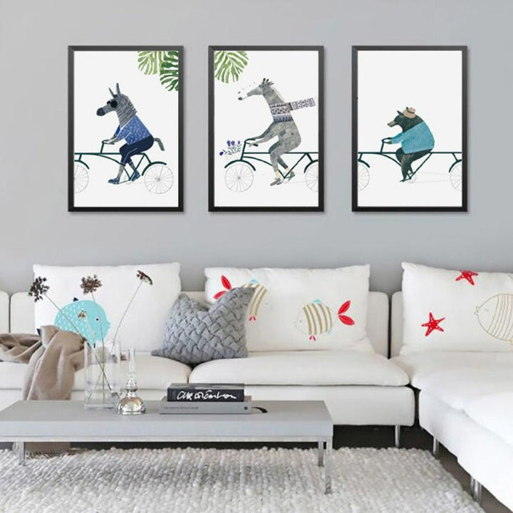 Nordic Animals Bear Zebra Riding Bike - Canvas Wall Art Painting | Bowlift