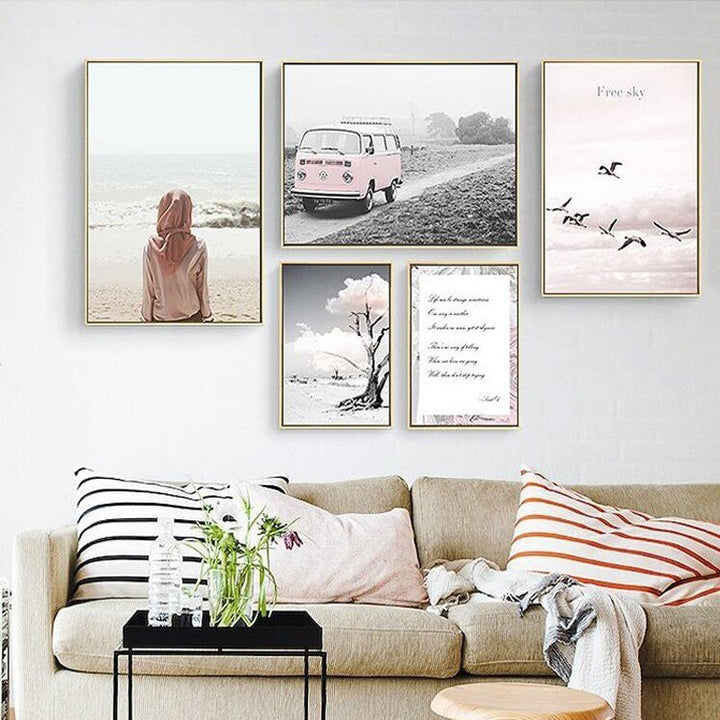 Pink Seascape Bus Healing Girl - Canvas Wall Art Painting | Bowlift