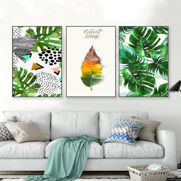 Scandinavia Tropical Green Leaf Nature Pictures - Canvas Wall Art Painting | Bowlift